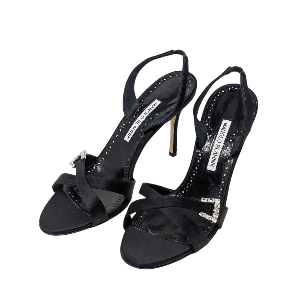 NEW Manolo Blahnik Black Satin Ramisli Slingback Crystal Dress Up Sandal 38.5